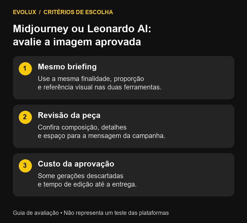 Midjourney ou Leonardo AI: briefing, revisão visual e custo por imagem aprovada