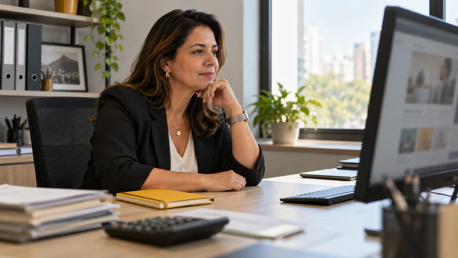 Contadora em seu escritório durante a criação de site para contadores