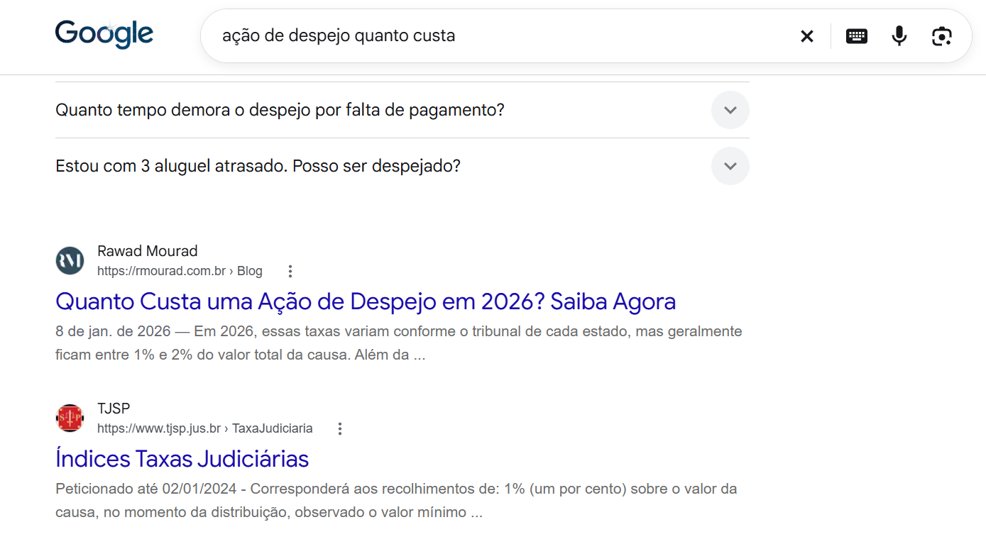 Exemplo de SEO na criação de site para advogados: Rawad Mourad na busca ação de despejo quanto custa
