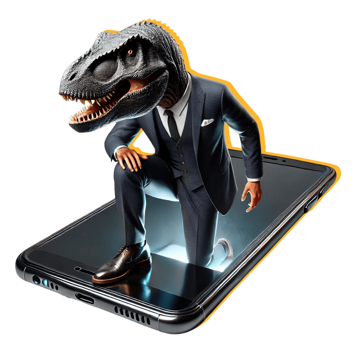 Dinossauro de terno saindo de um celular: seu marketing precisa evoluir.
