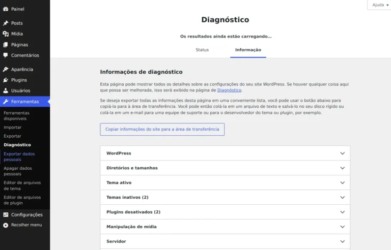 Painel real do WordPress com o menu Ferramentas e informações de diagnóstico