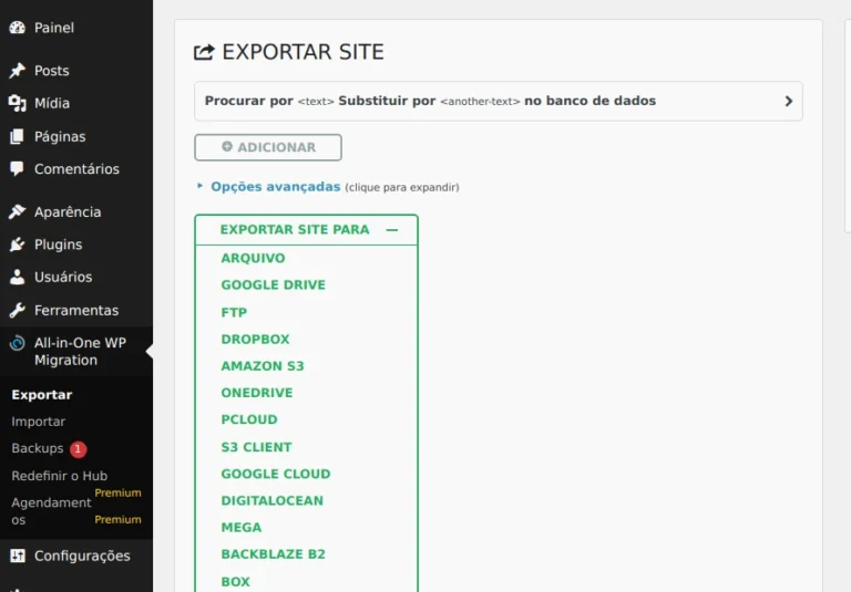 Tela real do All-in-One WP Migration com o menu Exportar e a opção Arquivo