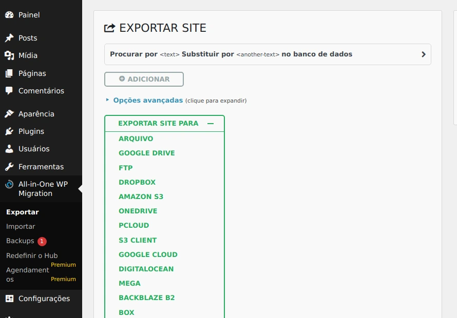 Tela real do All-in-One WP Migration com o menu Exportar e a opção Arquivo