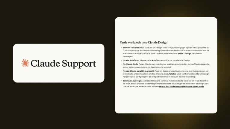 Criar site no Claude, com marca oficial Claude Support e captura da documentação de Design