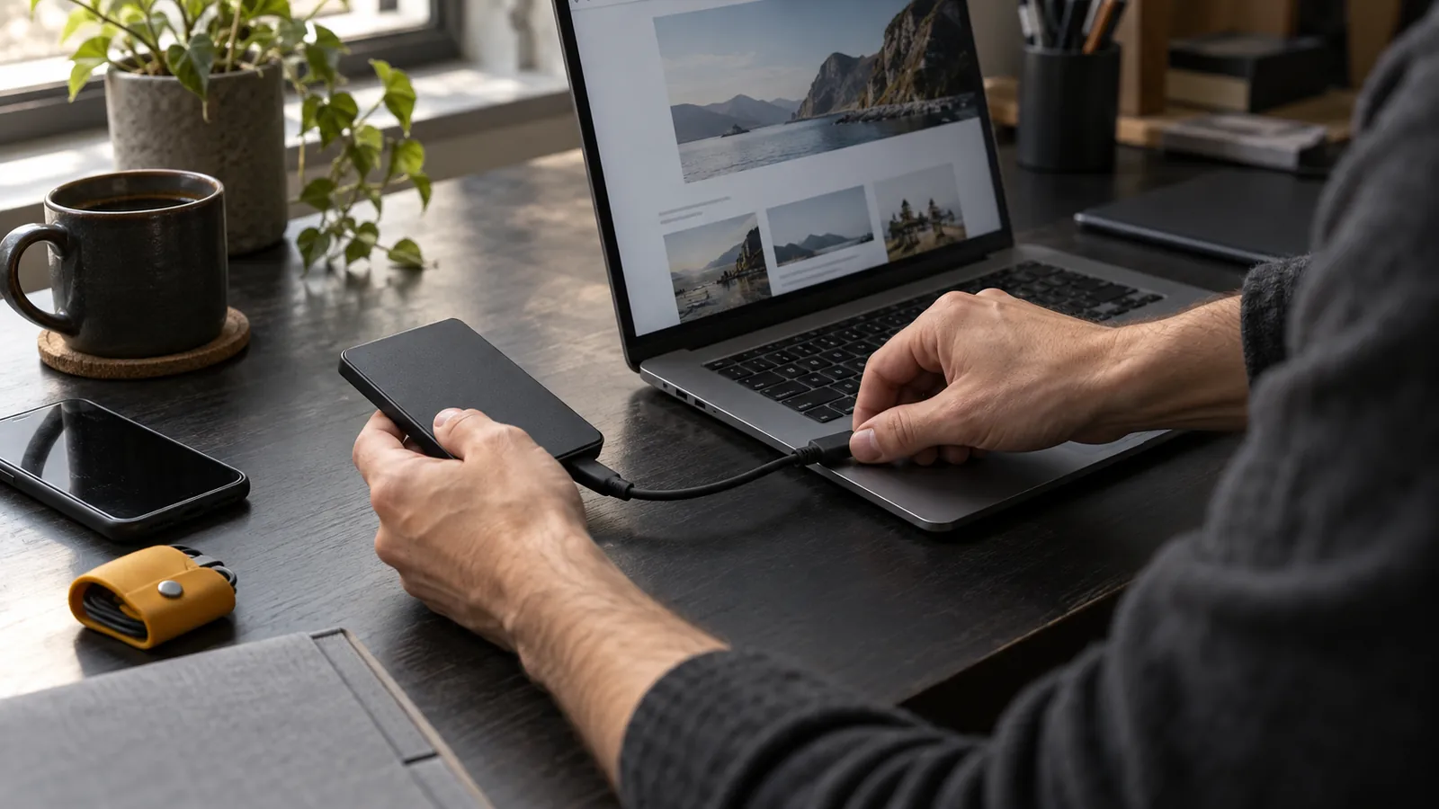 Profissional conecta unidade externa de backup ao notebook em fotografia ilustrativa