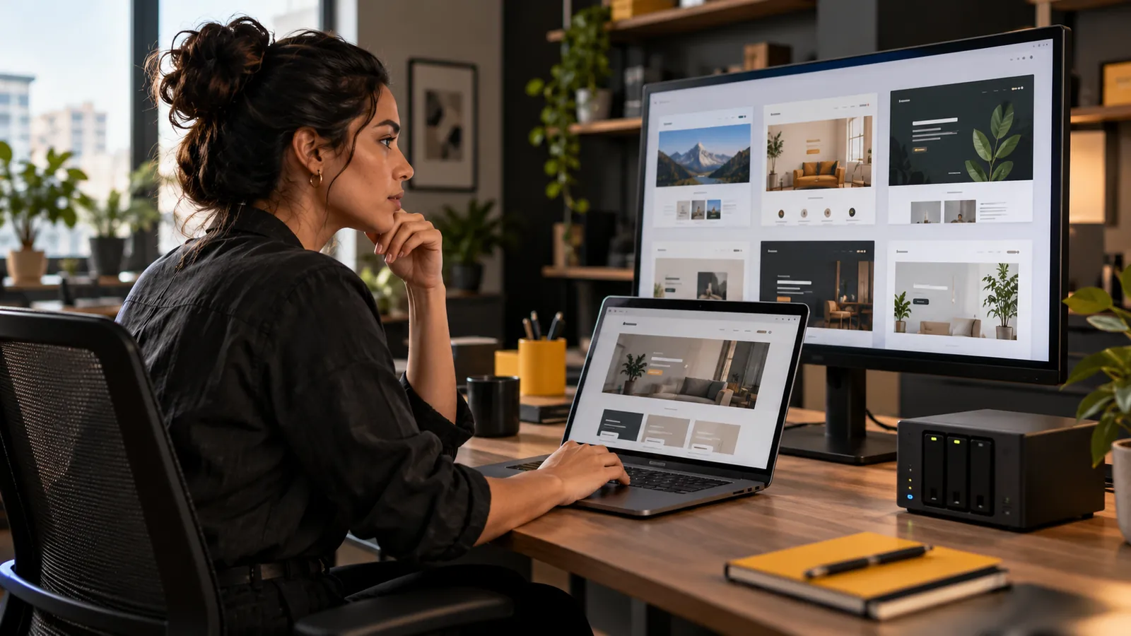 Profissional analisa páginas de sites em uma estação de trabalho em fotografia ilustrativa
