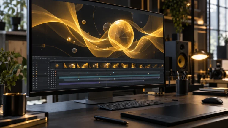 Estação de motion design com animação abstrata e linha do tempo em um monitor profissional
