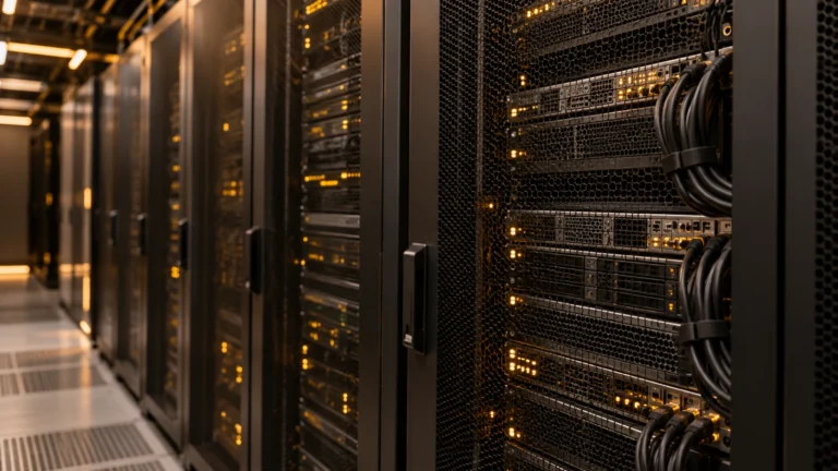 Racks de servidores em imagem editorial sobre VPS para WordPress